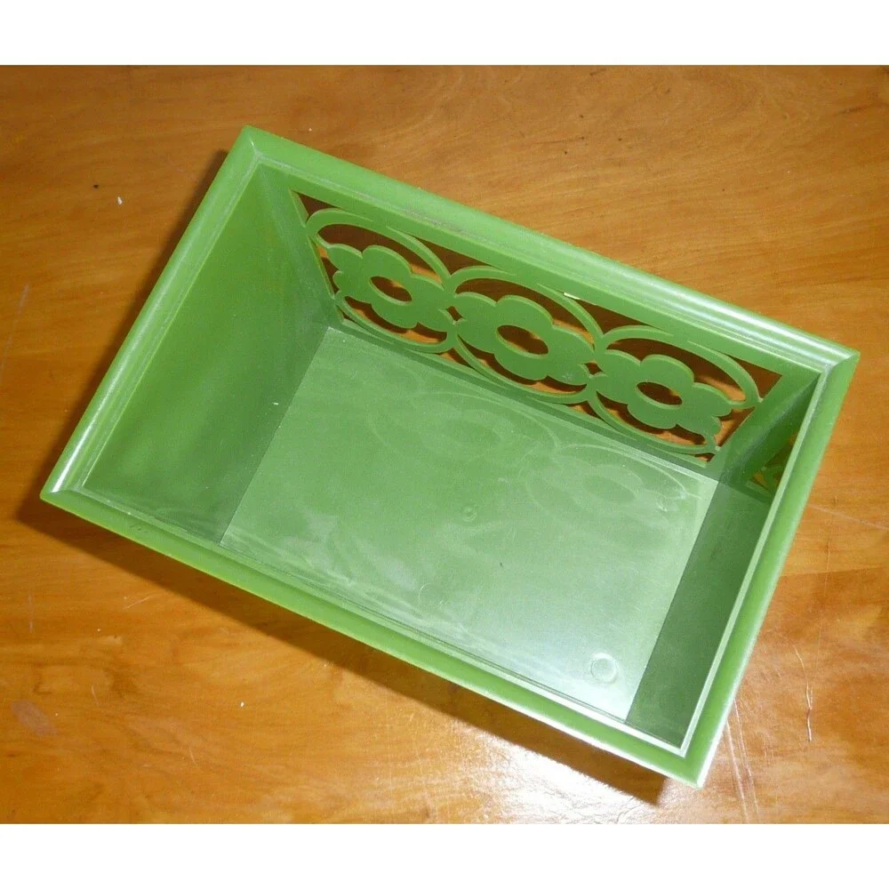Vintage Avocado Green Daisy Flower Plastic Napkin Holder Basket Boho 70s Decor